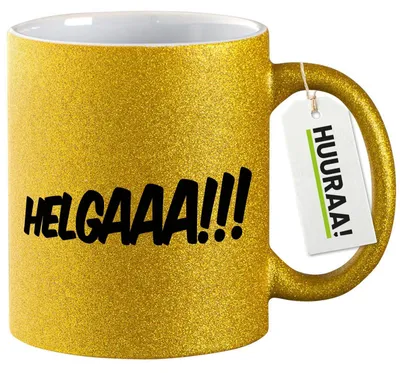 Produktbild von Huuraa Glitzertasse Helgaaa Schriftzug 330ml Gold Keramik Kaffeebecher Geschenkidee