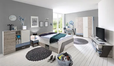 Produktbild von Jugendzimmer Set mit Bett 140x200 cm 6-teilig LEEDS-10 in Sandeiche Nachbildung mit weiß, Lava und Denim Blau