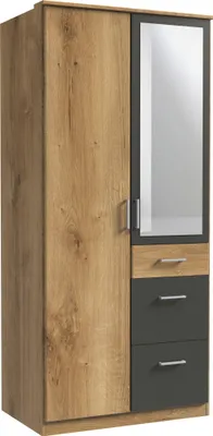 Produktbild von Kleiderschrank "Click" aus Spanplatte in Plankeneiche-Nachbildung mit 3 Schubladen und 2 Türen. Abmessungen (B/H/T) 90x198x58 cm