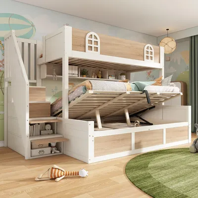 Produktbild von STILVORA Etagenbett 90x200/140x200 cm als Kinderbett mit hydraulischem Stauraum und Treppenschrank, Hochbett mit Lattenrosten und Rausfallschutz, Holzbett Weiß Natur