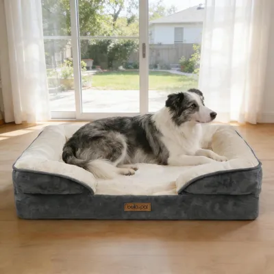 Produktbild von Orthopädisches Hundebett 92x69x16 cm mit Eierschaum, wasserdicht, waschbarer Bezug, grau