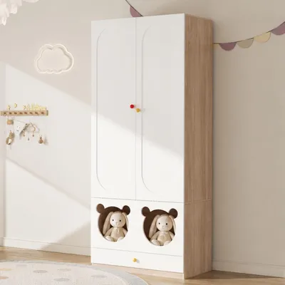 Produktbild von Zweitüriger Kleiderschrank, Kleiderschrank mit zwei Türen, Kinderkleiderschrank, Kinderzimmermöbel, mit Kleiderstange und, 80 × 50 × 200 cm