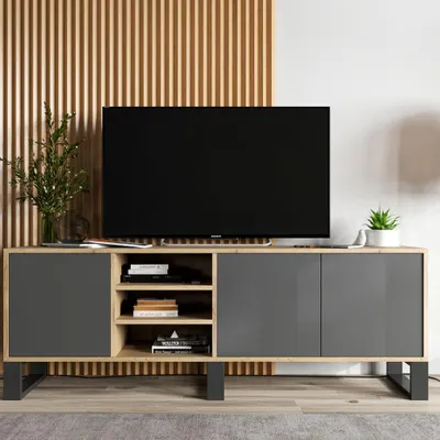 Produktbild von Loft TV-Schrank TV-Lowboard Apollo Dreitürig Drei Metallfüße Modern Lindner Möbel 150cm x 53cm x 35cm Farbe: Wotan Eiche matt - graphit