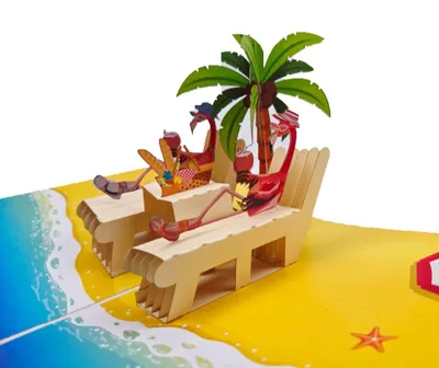 Image de Carte pop-up 3D « Flamants roses sur la plage » – Fait main, carte de vœux avec enveloppe – Été, vacances, anniversaire, invitation Brève description