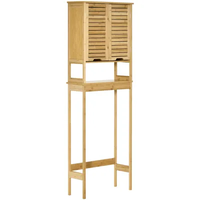 Produktbild von Kleankin Toilettenregal Badezimmermöbel über Toilette WC mit Schrank 2 Türen und offenem Regal 60 x 23 x 173 cm Bambus