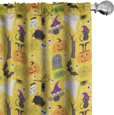 Immagine prodotto di ABAKUHAUS Tende, tendaggi, motivo colorato con una varietà di elementi di Halloween in stile cartone animato Halloween, 2 pezzi 75 x 225 cm, multicolore