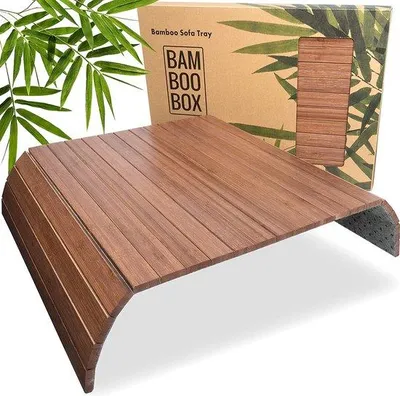 Image de Unyqoos® : Tablette pour canapé en bambou – Plateau de service flexible pour accoudoirs, avec porte-gobelets, finition antidérapante et résistante à l'eau, couleur marron foncé