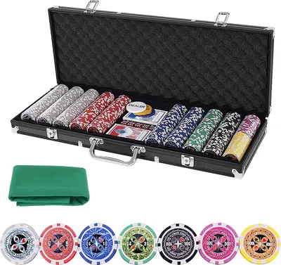 Produktbild von Pokerset mit 500 Laser Pokerchips & Aluminiumkoffer & 2 Kartendecks & 5 Würfel & 3 Dealer Button & Tischtuch, Profi Pokerspiel, Poker Set (Schwarz)