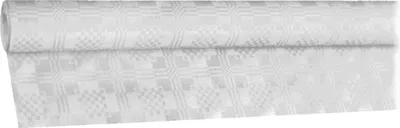 A roll of white damask tablecloth material with a checkered pattern.