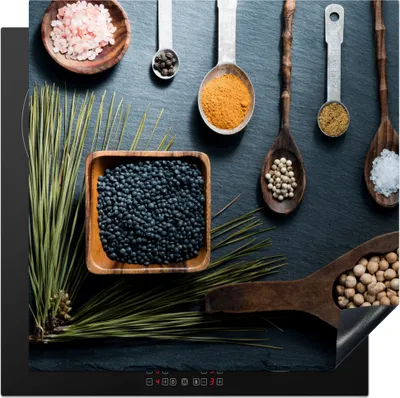 Produktbild von KitchenYeah© Herdabdeckplatte Kräuter - Löffel - Gewürze - Küche , 78x78cm, Küche Deko, Glaskeramikkochfeld Herdabdeckung, Abdeckplatte fùr Kochfeld
