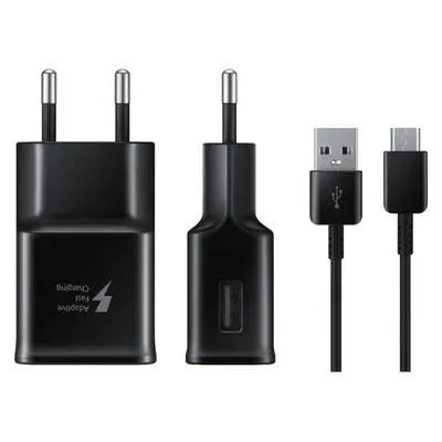 A black Samsung fast charger and USB-C cable are displayed against a white background.
