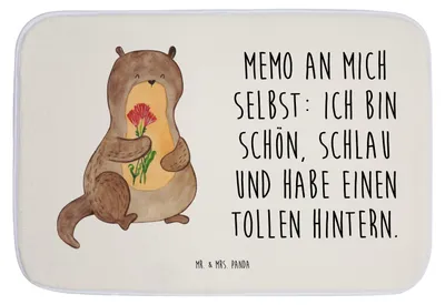 Produktbild von Mr. & Mrs. Panda Badematte Otter Blumenstrauß - Weiß - Geschenk, Selbstliebe, Badezimmerteppich, duschmatte, Achtsamkeit, Badteppich, Duschvorleger, Süß, Positiv