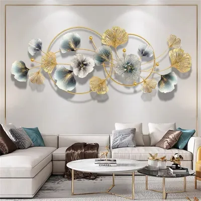 Produktbild von Wandskulpturen, Wanddekoration aus Metall, 3D Gingko Blätter Wanddeko, Leichter Luxusstil Schmiedeeisen Wandverzierung, Blattmuster, für Wohnzimmer