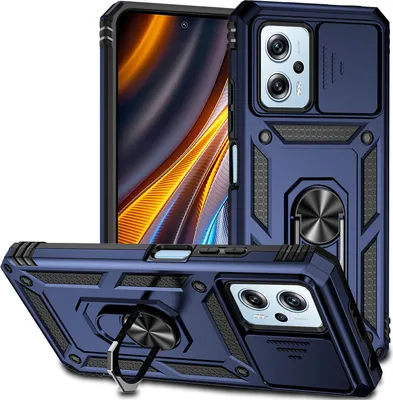 Image de Étui pour Xiaomi Poco X4 GT 5G étui double couche avec couvercle coulissant pour appareil photo et anneau de support bleu