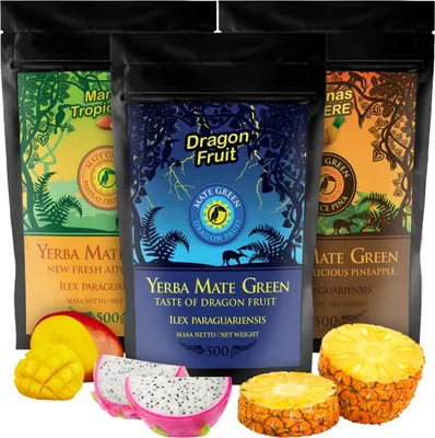 Zdjęcie produktu dla Zestaw Yerba Mate Green: 3 opakowania po 500g (drachenfrucht, ananas), TERERE, Mango Tropicales - 1500g herbaty