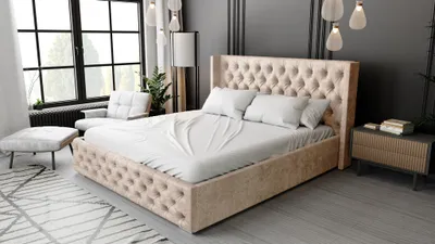 Obrázok produktu pre Čalúnená posteľ 160x200 cm Rolia - Chesterfield dvojposteľ - úložný priestor, čelo, rošt - zamat béžová