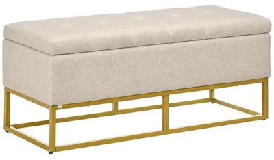 Image de Banc avec rangement - Coffre-banquette - Boîte de rangement 2 en 1 - Assise rembourrée - Pieds en acier - 110 x 44 x 48 cm - Beige/Or