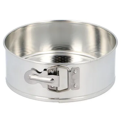 A round, silver-colored springform cake pan with a latch mechanism on the side, shown against a white background.