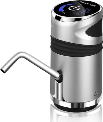 A close-up studio shot of a silver electric water pump dispenser with a black band and a digital display on top.