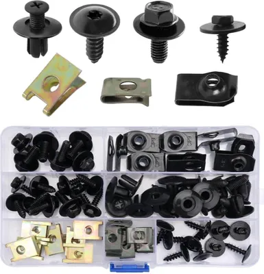 Produktbild von 64 Stück Blechmutter Schraube Mutter Clip Kit, mit Klemmscheiben Hitzeschutzblech, Karosserieschrauben & U Type Karosserie Clips, Auto Befestigungsbox Set für Befestigen & Reparieren Autoteil