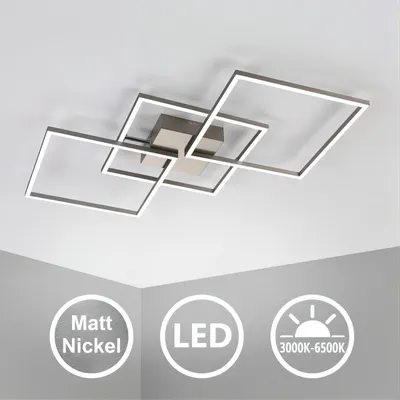 A modern LED ceiling lamp with a geometric design, mounted on a white ceiling.
