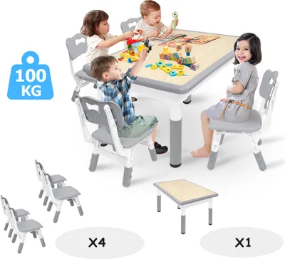 Obrázok produktu pre XINZI detský stôl so 4 stoličkami detská stolová súprava s nastaviteľnou výškou, detský stôl so stoličkami plastový detský nábytok od 2 do 10 rokov, sivá