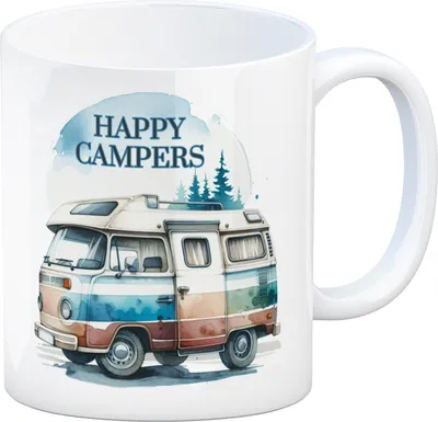 Produktbild von Campingwagen Kaffeebecher mit Spruch Happy Campers