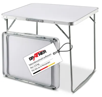 Produktbild von Grafner Campingtisch klappbar 80x60x70cm Aluminium, stabil und tragbar, mit Griff, belastbar bis 50 kg, Klapptisch Alu Gartentisch Mehrzwecktisch Outdoor Koffertisch Picknick Tisch Festival