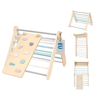 A wooden climbing triangle with a ramp/slide attachment, shown from multiple angles.