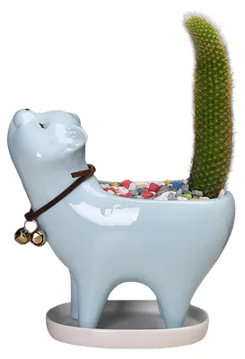 Katzen-Blumentopf aus Keramik, Sukkulententopf, 13,2 cm, blau