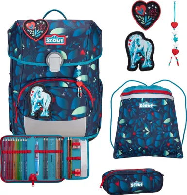 A collection of school supplies including a backpack, pencil case, and drawstring bag, all with a matching blue floral pattern and unicorn theme.