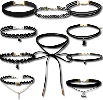 A collection of black chokers arranged on a white background.