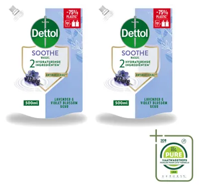 Obrázok produktu pre 2 ks náplne do dávkovača mydla Dettol Soothe – Levanduľa a fialka – 500 ml – Veľké balenie – 2 kusy