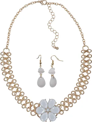 Produktbild von Steuer Modeschmuck Kette Ohrhänger Metall gelb glänzend Blume Glasstein weiß