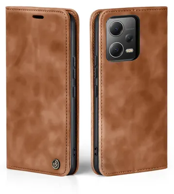 A brown leather flip case for a smartphone is shown from two angles, front and back.