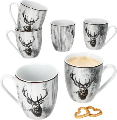 Produktbild von 6er Set Alois Kaffeebecher 350ml Porzellan-Tassen 6 Personen Hirsch Tee Kakao
