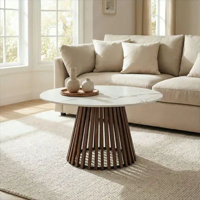 Produktbild von Couchtisch BERGA mit runder Tischplatte aus Keramik 80 cm, Weiß - moderner Wohnzimmertisch, Clubtisch im Marmor Optik, praktischer und eleganter Coffee Table, Beistelltisch Couch