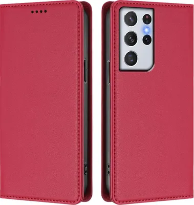 Image de Étui en cuir pour Samsung Galaxy S21 Ultra 5G, étui à rabat magnétique en cuirPolyuréthaneavec support, rouge