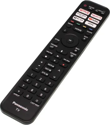 A black Panasonic TV remote control is shown from a slightly elevated diagonal angle against a white background.