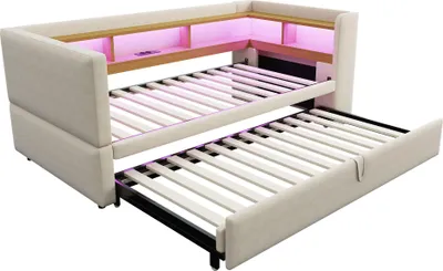 Zdjęcie produktu dla Fortuna Lai Łóżko tapicerowane Rozkładana sofa 90/180*190 cm, wyposażona w oświetlenie LED, gniazdka elektryczne i wiele schowków, łóżko tapicerowane, wielofunkcyjna sofa, łóżko pojedyncze, kolor beżowy.