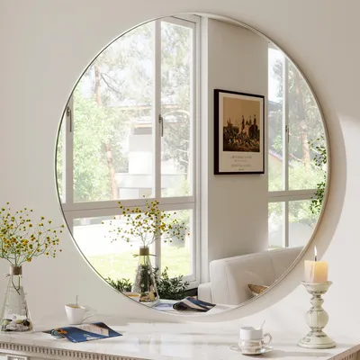 Produktbild von Koonmi runder Wandspiegel 40 cm, Aluminiumrahmen, Silber, Bad und Schminkspiegel zur Wandmontage für Badezimmer, Schlafzimmer und Eingangsbereich
