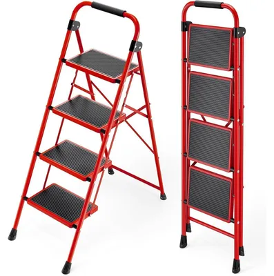 Productafbeelding van Vouwladder met leuning, rood, 4 treden, staal, antislip, draagbaar