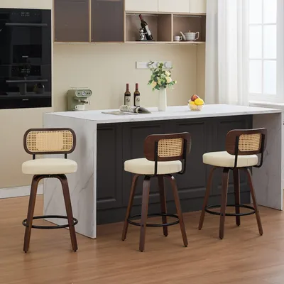 Image de Lot de 3 tabourets de bar en bois avec dossier, pivotants à 360°, en rotin, style viennois, rembourrés, beige et noyer, 66 cm
