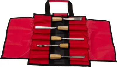 Produktbild von STUBAI Schnitzersatz | 5-teiliges Schnitzwerkzeug-Set in Rolltasche | Enthält Balleisen 20 mm, Flacheisen 16 mm, Hohleisen 10 mm & 6 mm, Gaißfuß 6 mm | Für Anfänger & Fortgeschrittene