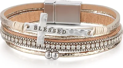 Produktbild von Khakifarbenes Boho-Armband mit Kreuz und Zirkonia, mehrlagig