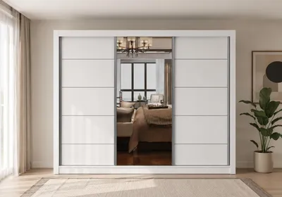 Produktbild von Kleiderschrank OLYO 250 cm Weiß mit Spiegel, Schwebetürenschrank, Schlafzimmerschrank mit Regalböden und Kleiderstangen