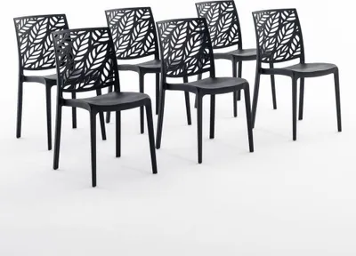 A group of black chairs with a leaf-like pattern on the backrests, arranged on a white background.