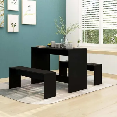 Produktbild von vidaXL Essgruppe, 3-tlg., Holzwerkstoff, Schwarz, elegant, zeitgemäß, stabile, pflegeleichte Tischplatte, Tisch: 102x50x75 cm (BxTxH), Bank: 97x25x40 cm (BxTxH), max. 110 kg Belastbarkeit