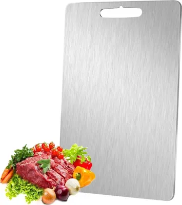 Produktbild von Titan Schneidebrett, Neues Edelstahl Schneidebrett mit Griff, Doppelseitiges Schneidebretter in Lebensmittelqualität, Titan Schneidebretter für Küche, Fleisch, Brot, Gemüse, Obst Schneiden