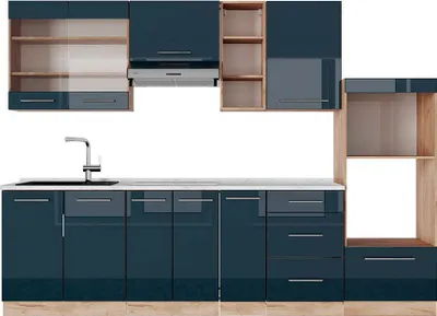 Produktbild von Küchenzeile Vicco Fame-Line Dunkelblau Hochglanz/Goldkraft Eiche 280 cm , AP Marmor, Model 49793